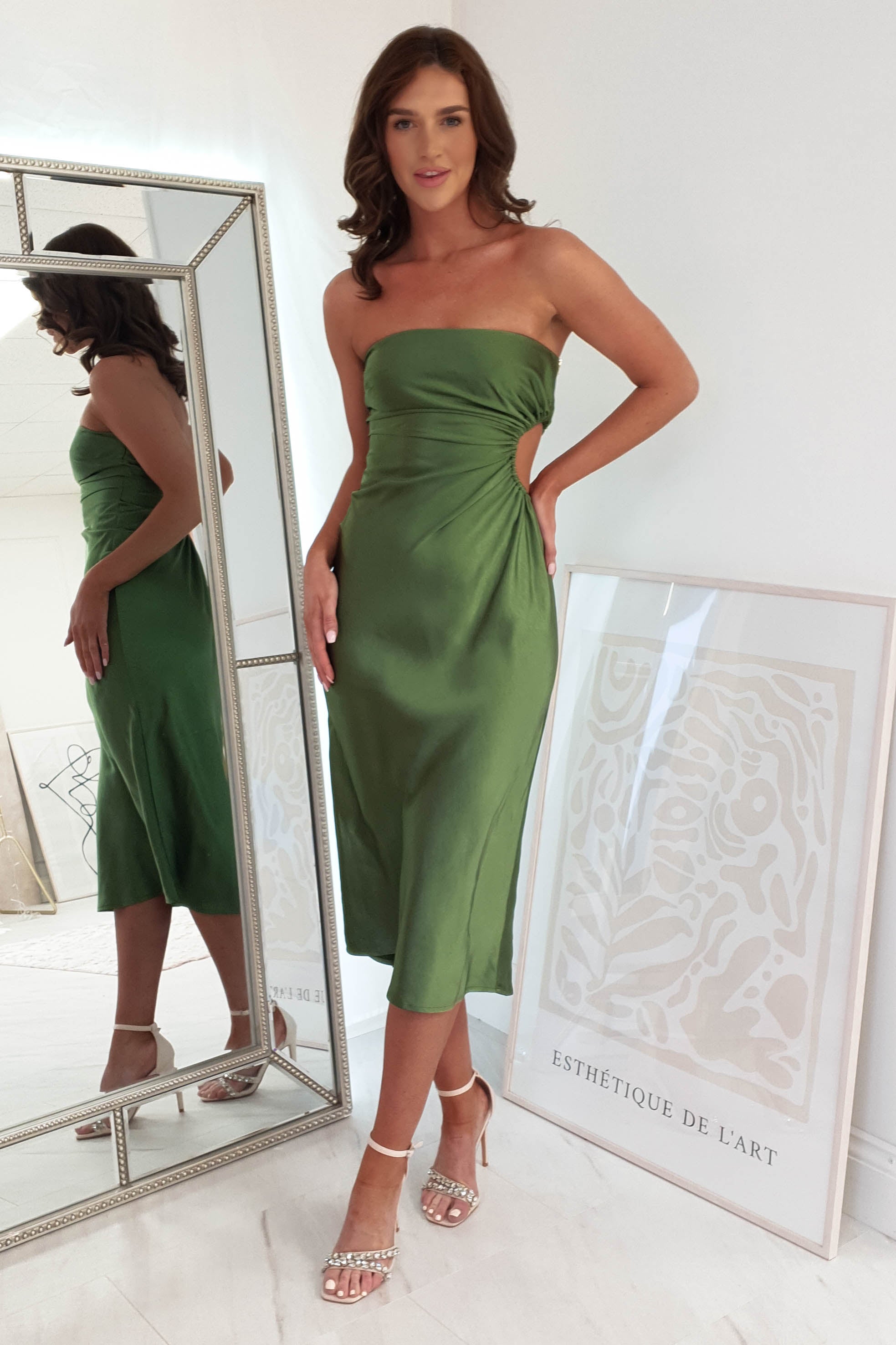 Naomi Satin Strapless Midi Dress | Olive