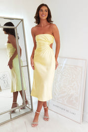Naomi Satin Strapless Midi Dress | Yellow
