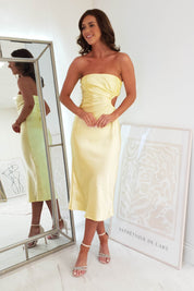Naomi Satin Strapless Midi Dress | Yellow