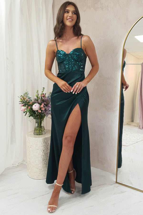 Margaux Satin Corset Maxi Dress | Emerald Green