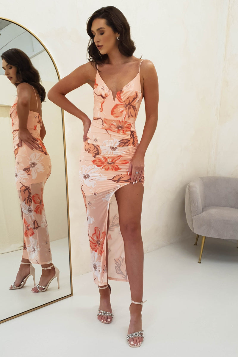 Yumi Floral Print Midi Dress | Peach