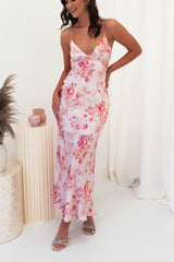 Malisha Satin Floral Print Maxi Dress | Pink