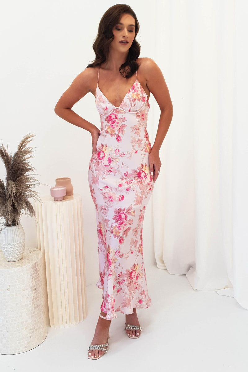 Malisha Satin Floral Print Maxi Dress | Pink