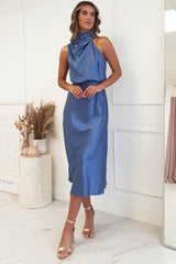 Layla Satin Print High Neck Midi Dress | Blue