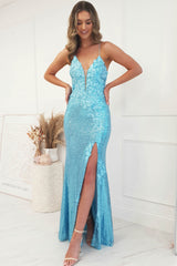 Janie Floral Embellished Sequin Gown | Blue