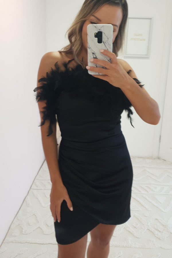 Amaya Faux Feather Detail Mini Dress | Black