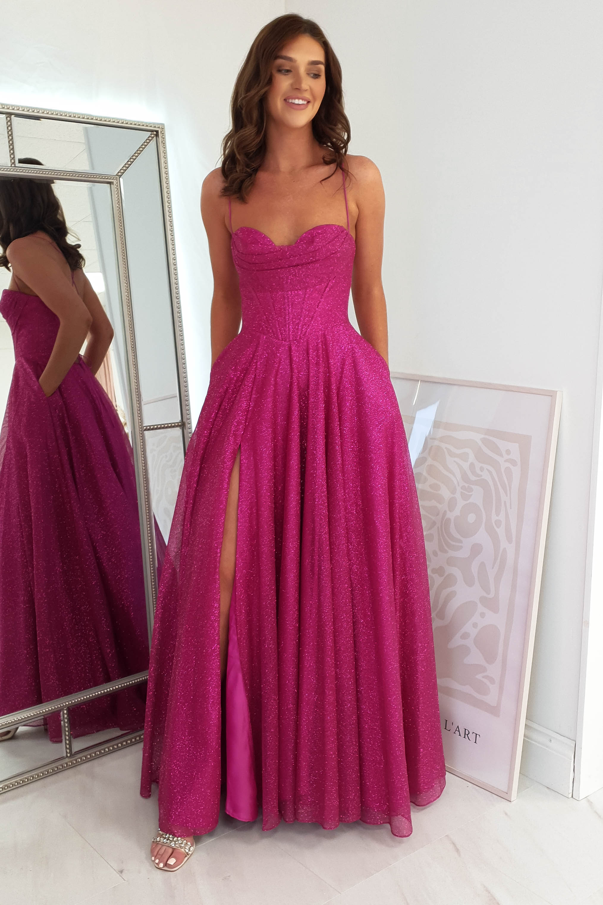 Aurora Corset Glitter Gown | Fuchsia