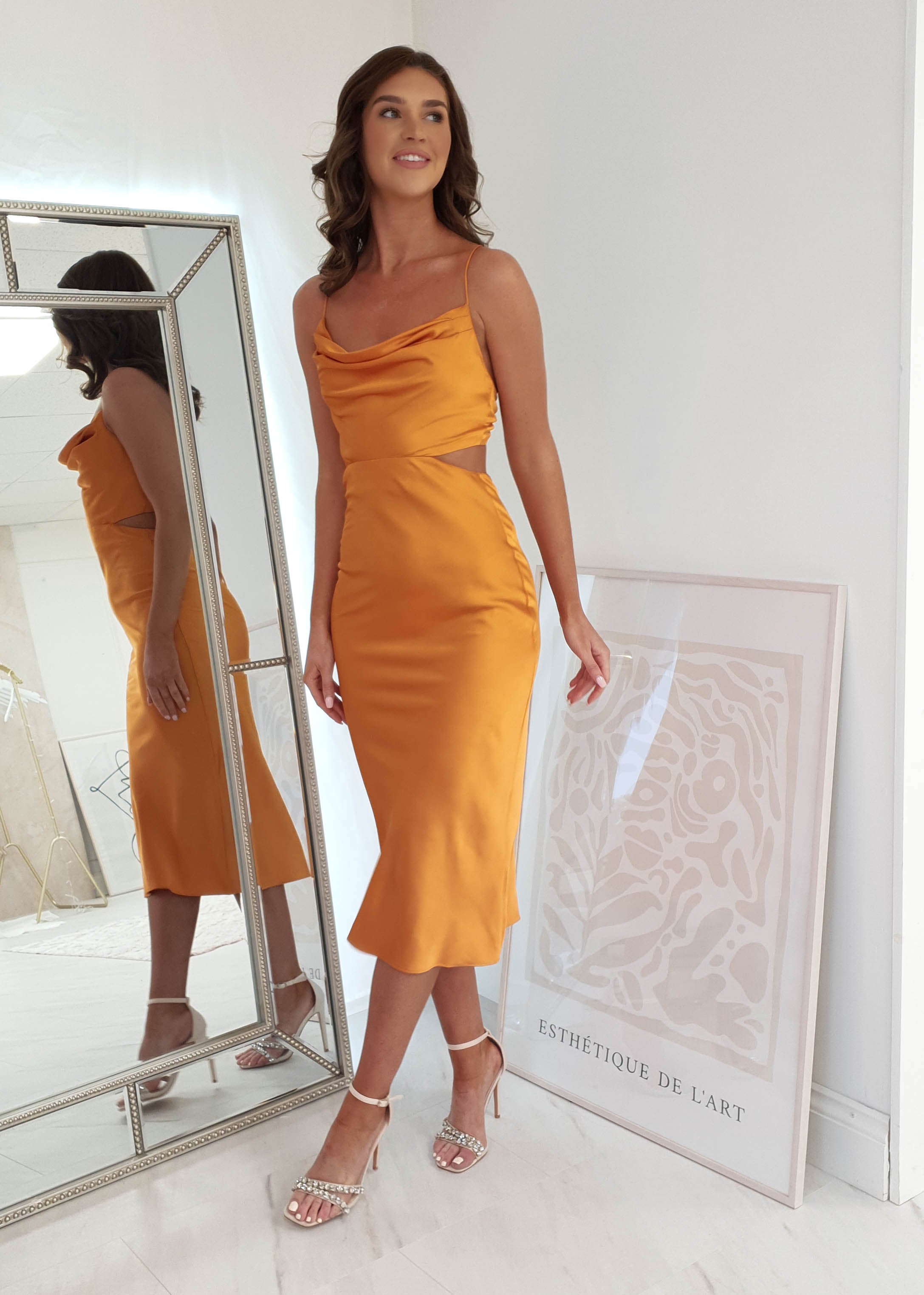 Clara Cowl Neckline Satin Midi Dress | Orange