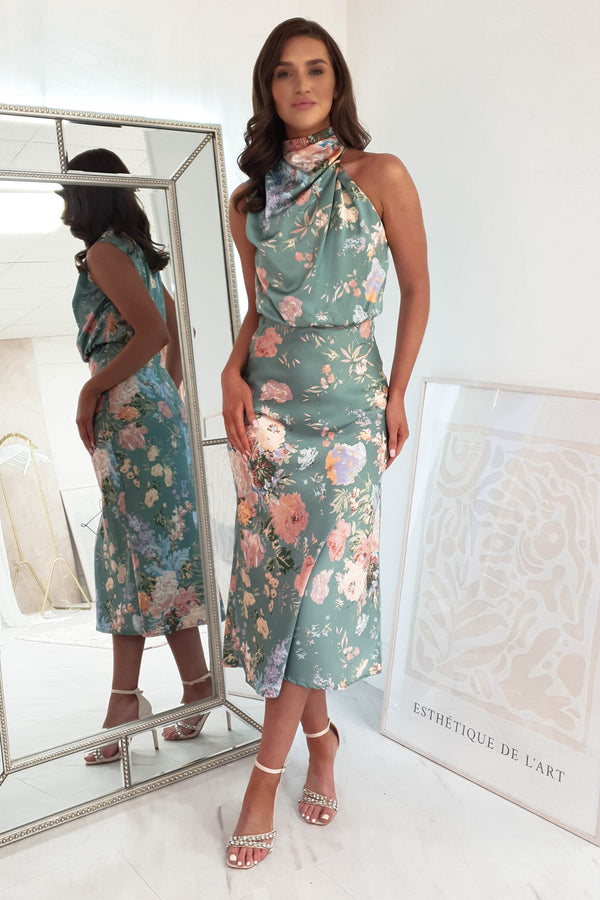 Layla Satin High Neck Midi Dress | Floral Print