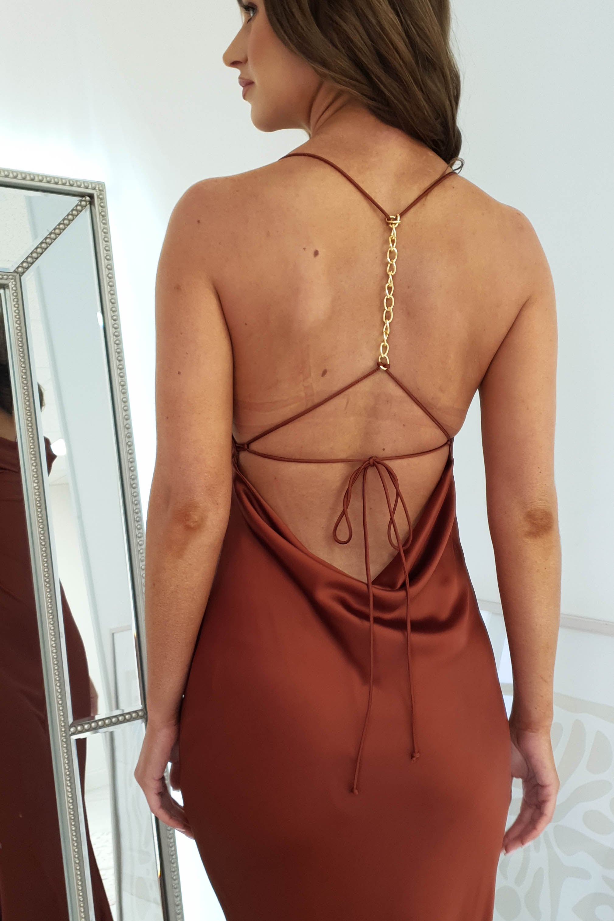 Celeste Satin Chain Detail Maxi Dress | Rust