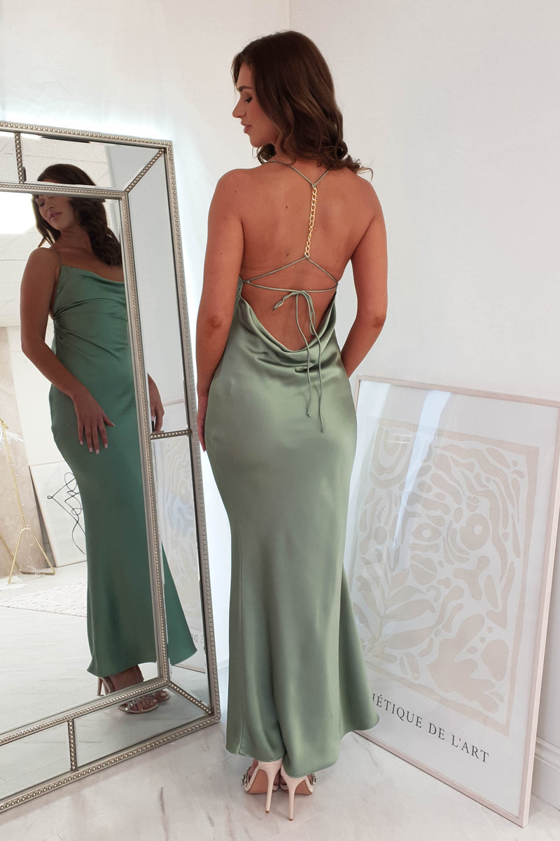 Celeste Satin Chain Detail Maxi Dress | Olive