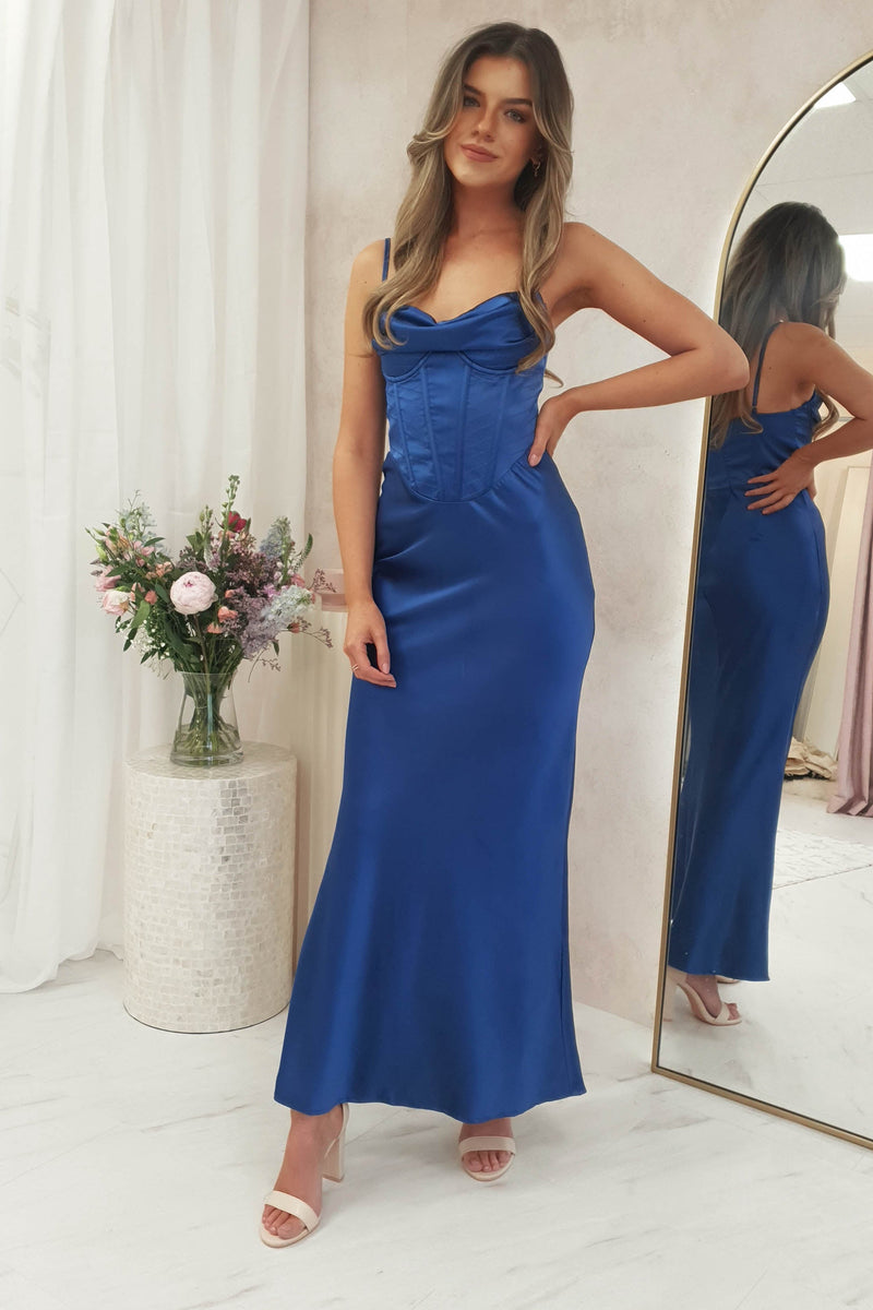 Missguided satin cowl neck maxi dress in outlet blue