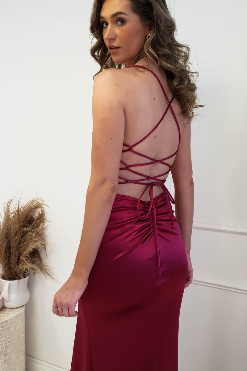 Charmed Long Satin Gown | Wine