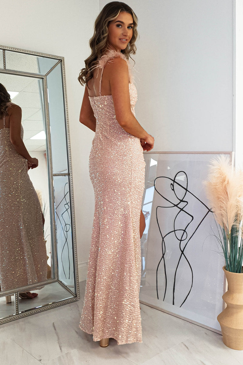 Prose Sequin Feather Detail Gown | Blush