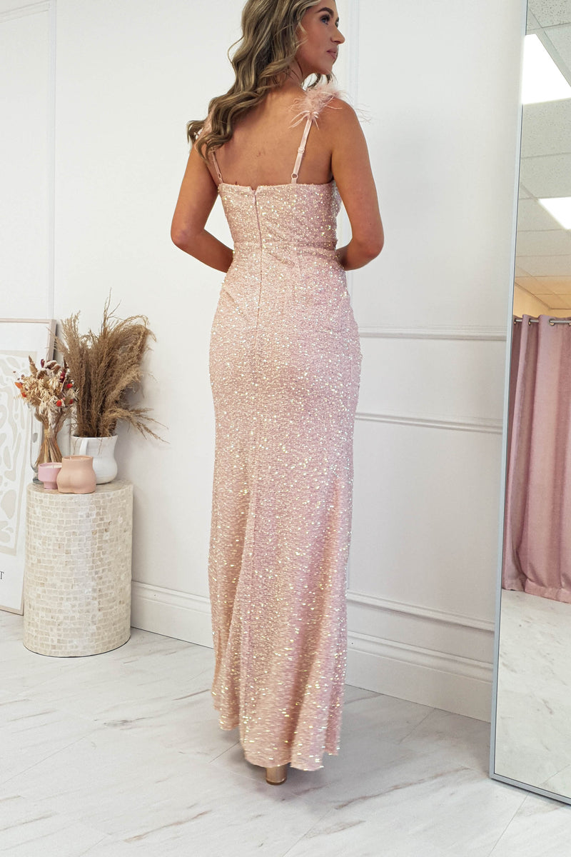 Prose Sequin Feather Detail Gown | Blush
