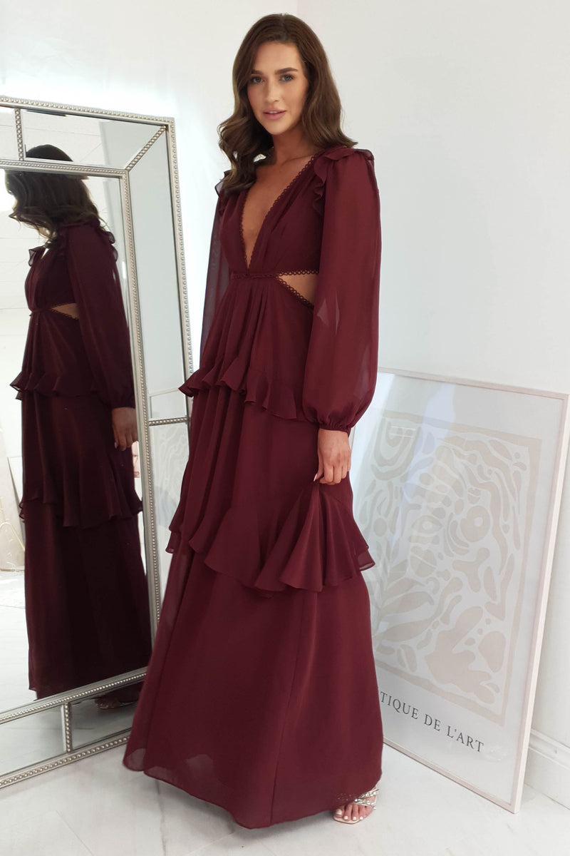 Salma Cut Out Ruffle Maxi | Burgundy