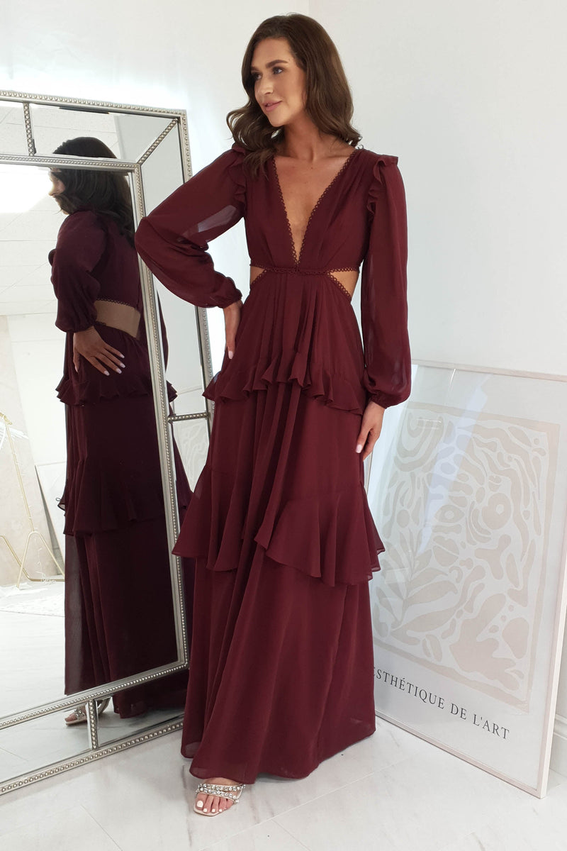 Salma Cut Out Ruffle Maxi | Burgundy