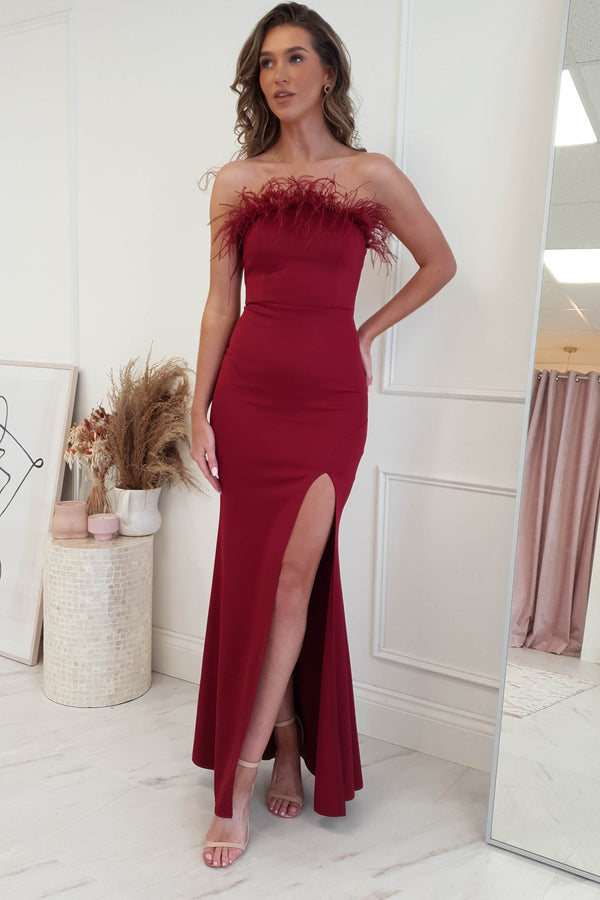Nalani Feather Detail Gown | Dark Red