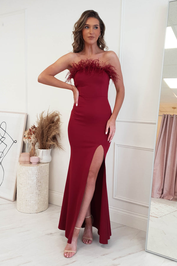 Nalani Feather Detail Gown | Dark Red