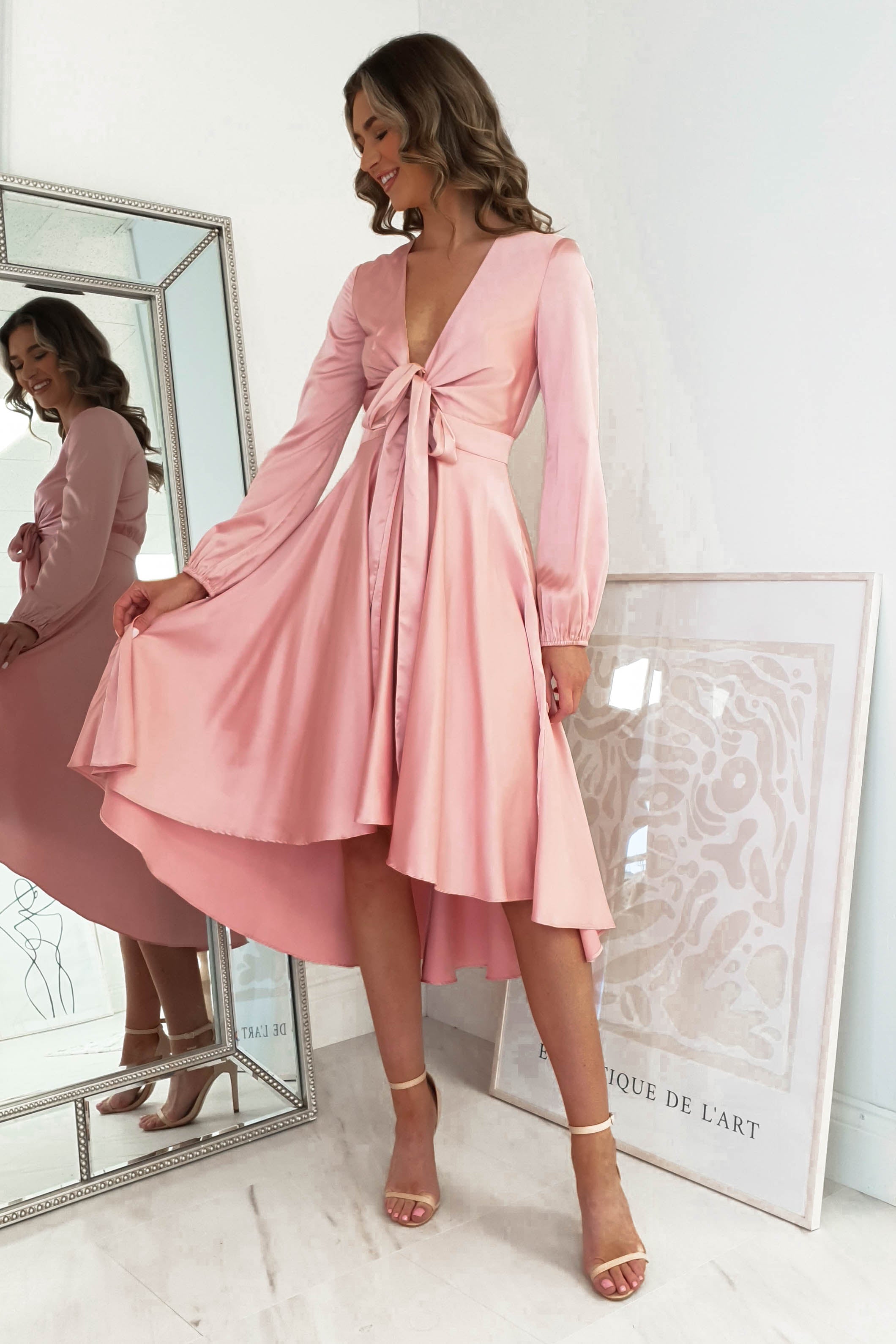 Nicola Satin Tie Front Midi Dress | Pink