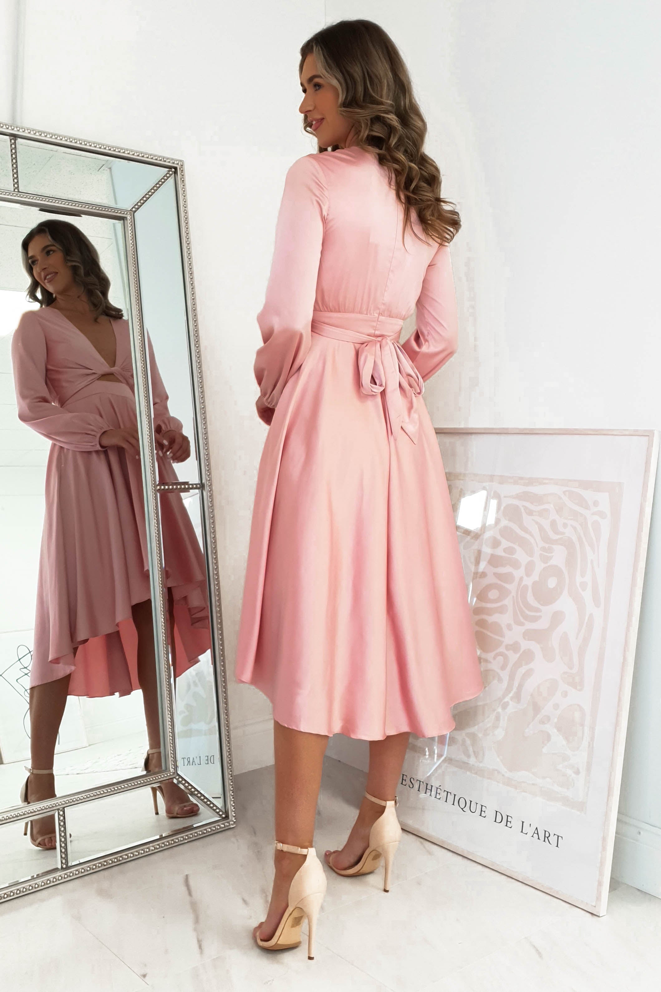 Nicola Satin Tie Front Midi Dress | Pink