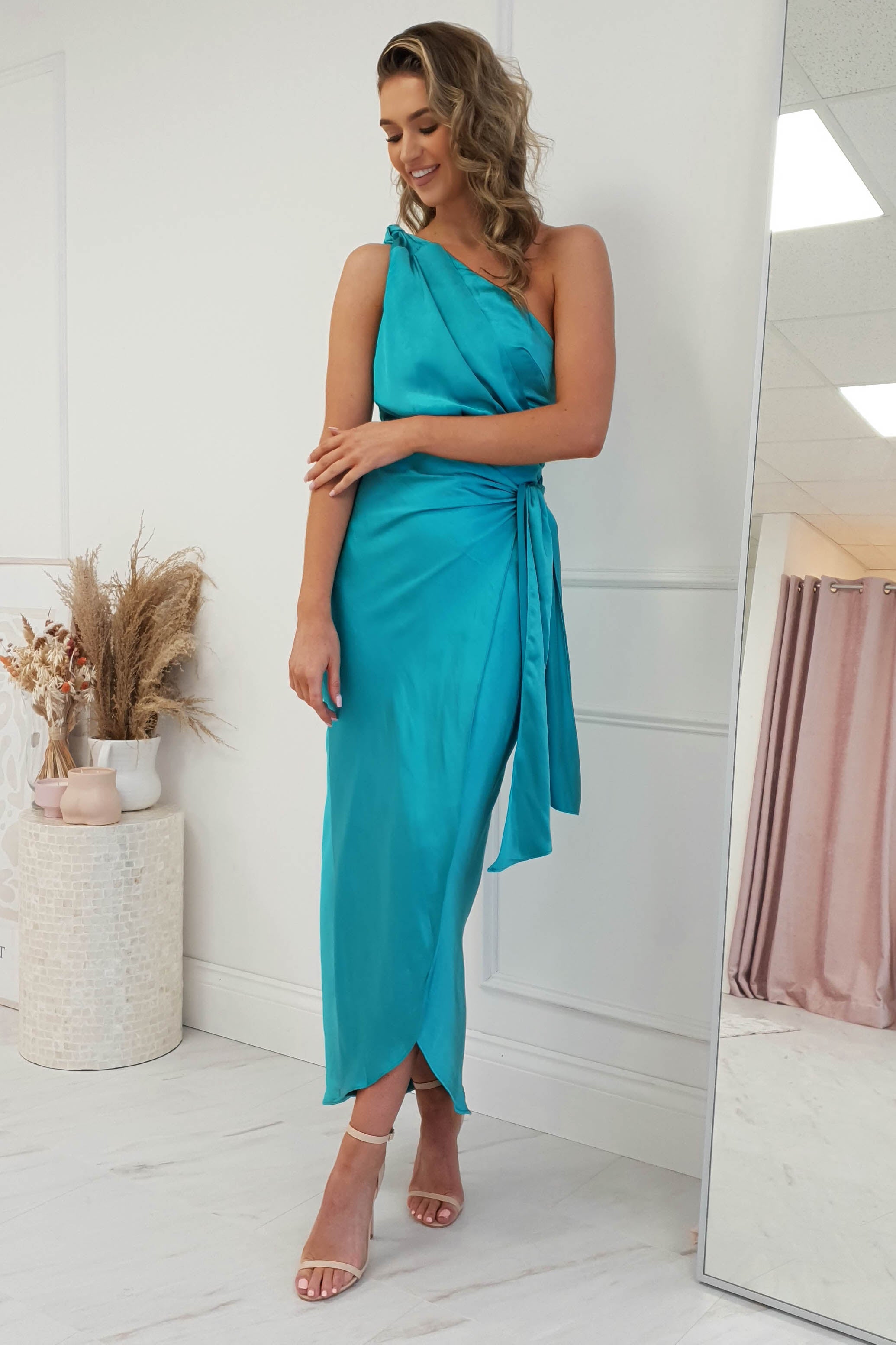 Estelle One Shoulder Satin Midi Dress | Aqua