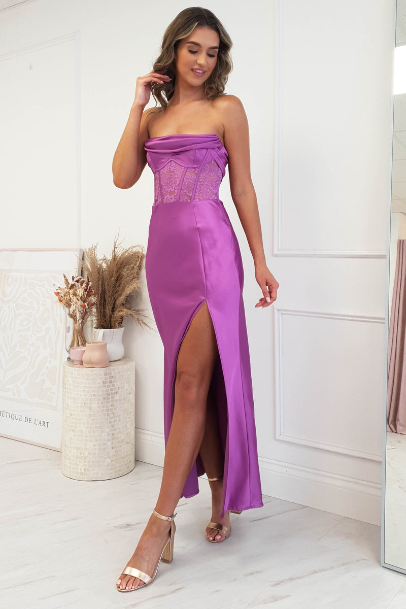 Lissy Corset Style Satin Maxi Dress | Purple