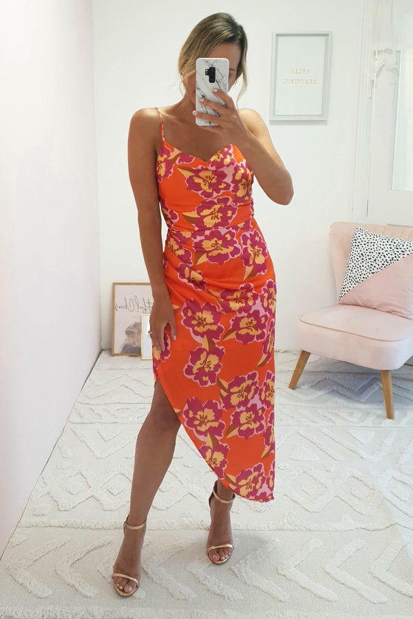 Ebonee Satin Midi Dress | Orange Print
