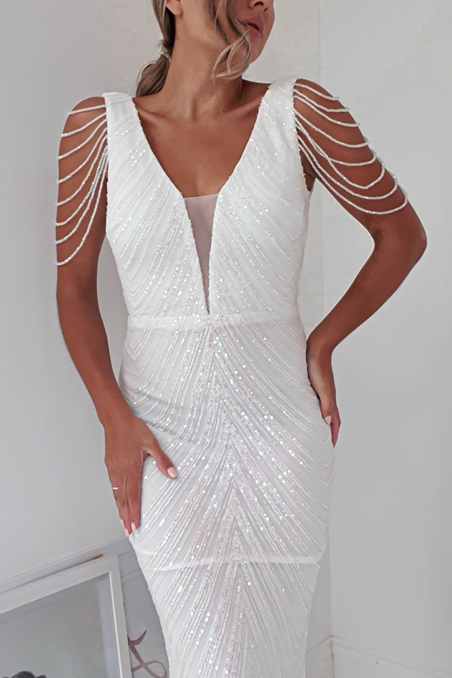 Fayette Embellished Sequin Gown | White