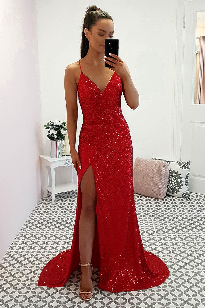 Hfyihgf Women's Formal Sparkly Sequin Prom Mermaid Dress Long Sleeves Scoop  Neck Evening Maxi Ball Gown with Slit(Red,S) - Walmart.com
