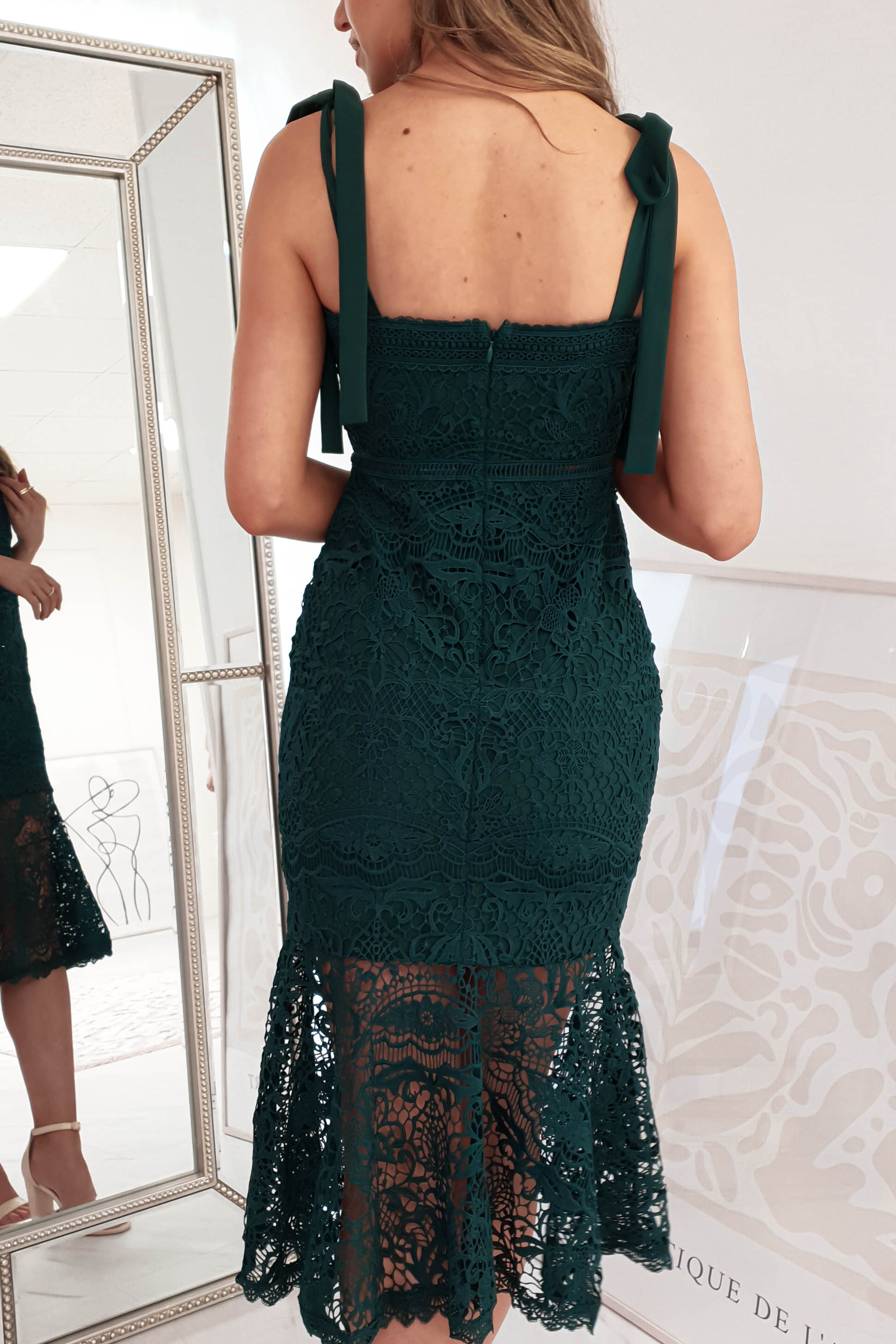 Dark green lace hot sale midi dress