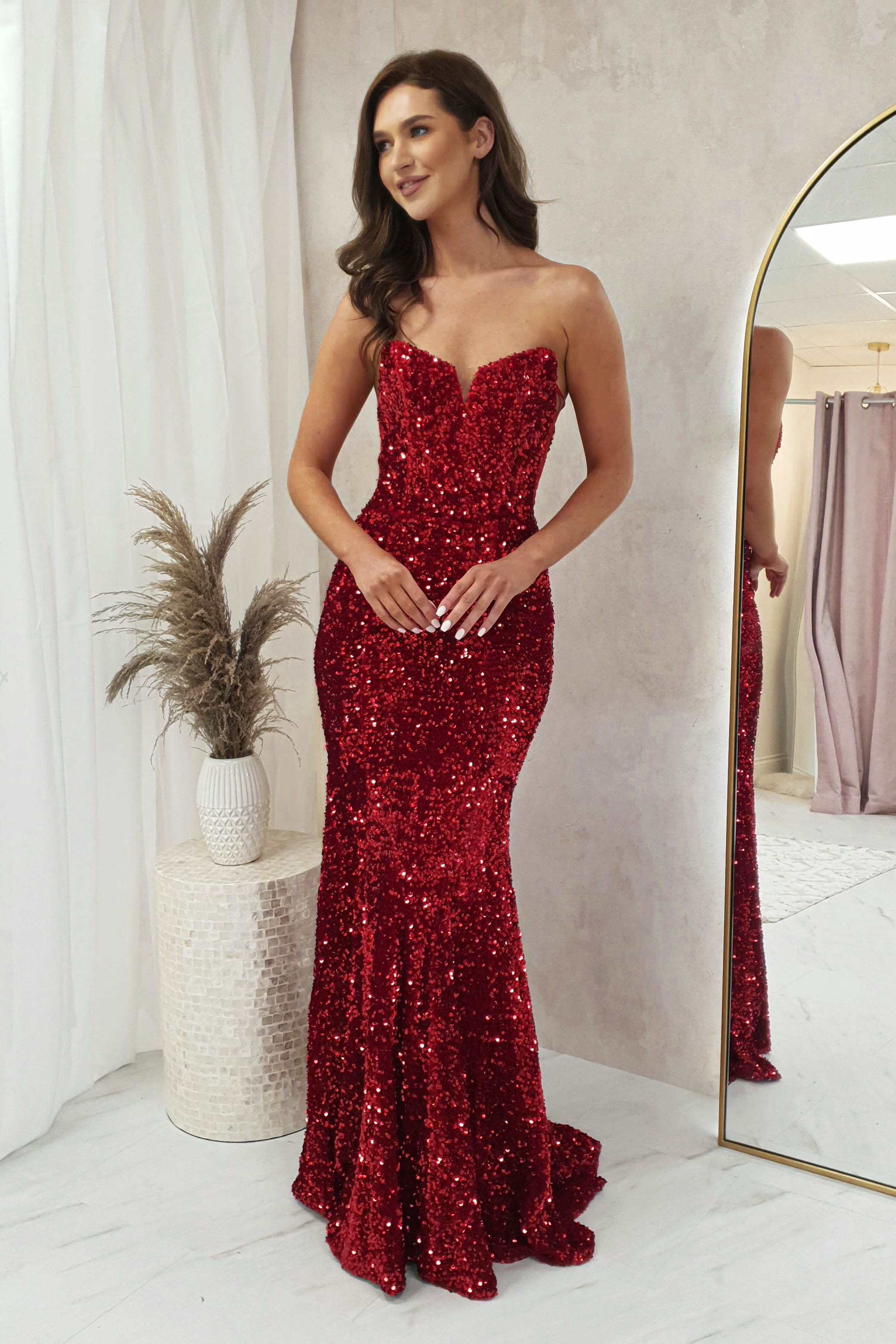 Katri Sequin Strapless Gown | Red