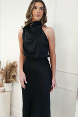 Layla Satin High Neck Midi Dress | Black