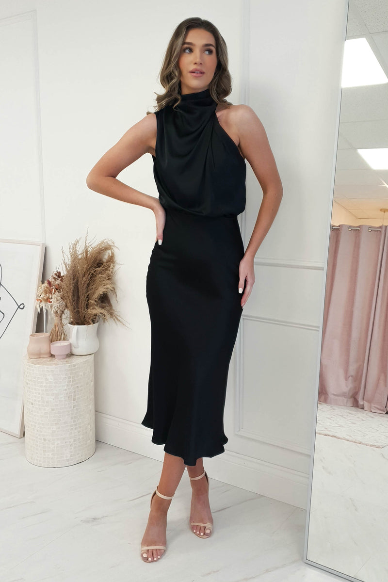 Layla Satin High Neck Midi Dress | Black