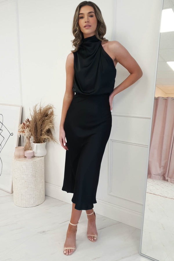 Layla Satin High Neck Midi Dress | Black