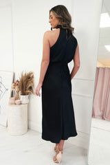 Layla Satin High Neck Midi Dress | Black