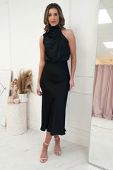 Layla Satin High Neck Midi Dress | Black
