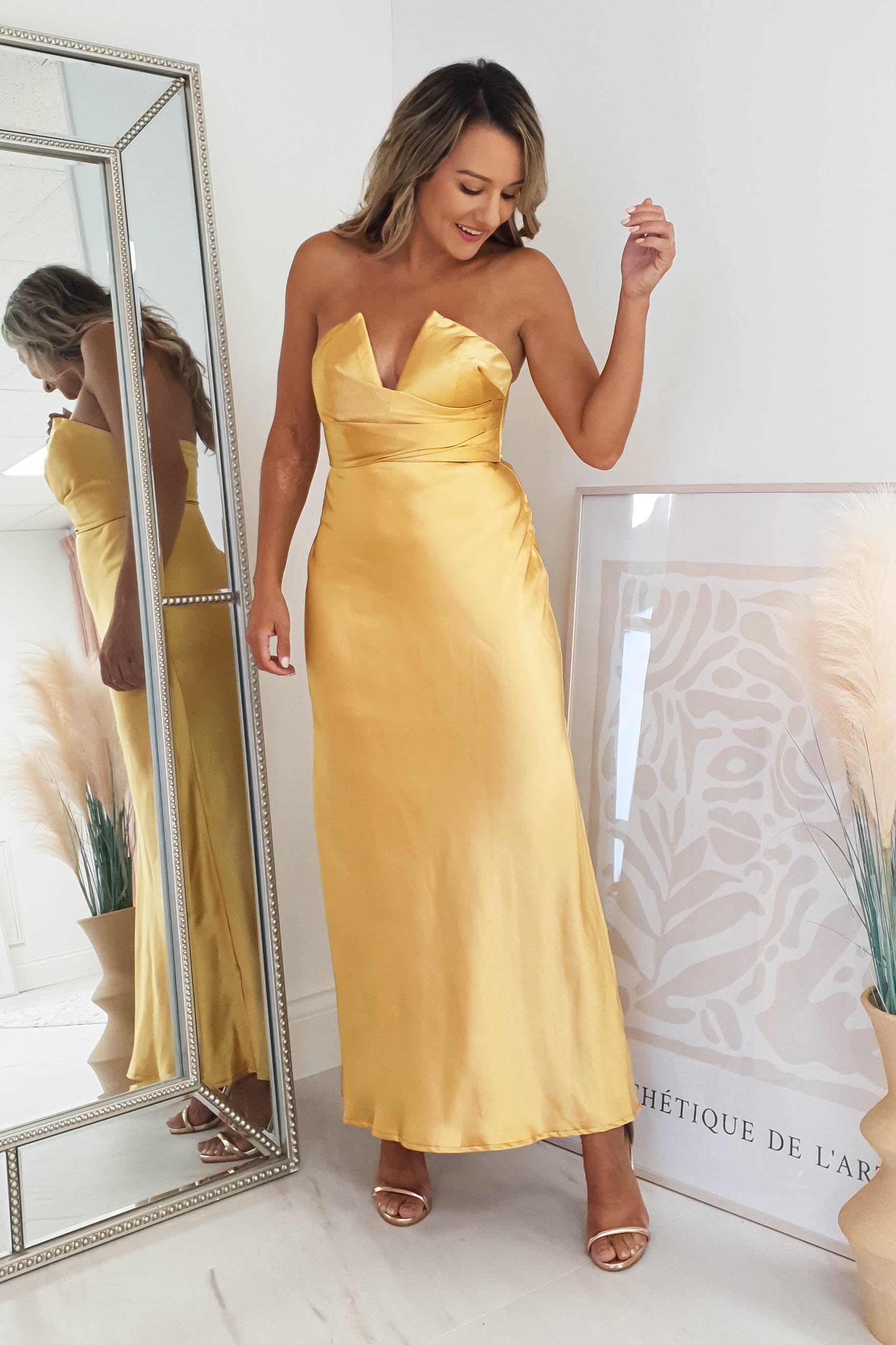 Mustard yellow strapless outlet dress