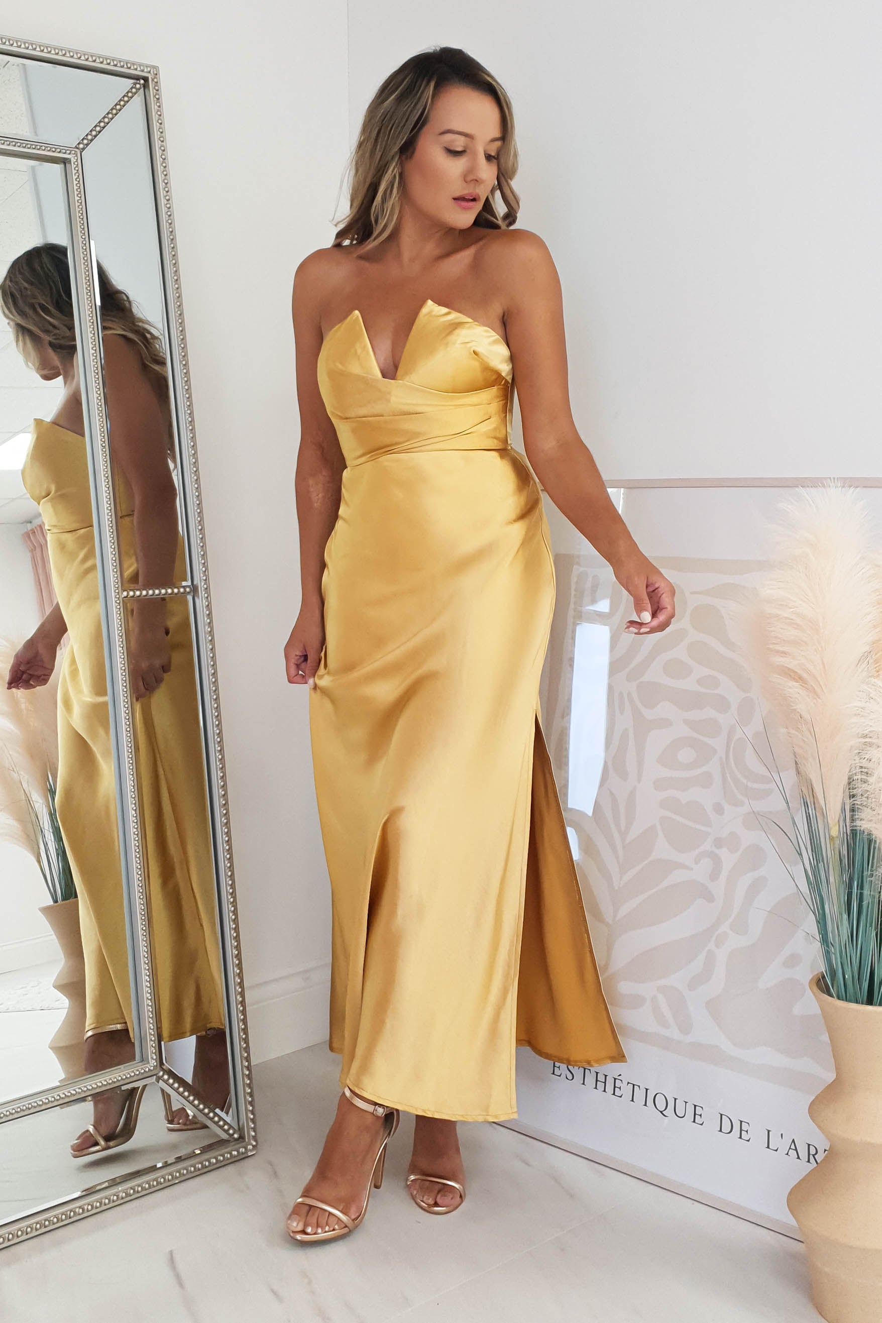 Gold silk 2024 midi dress