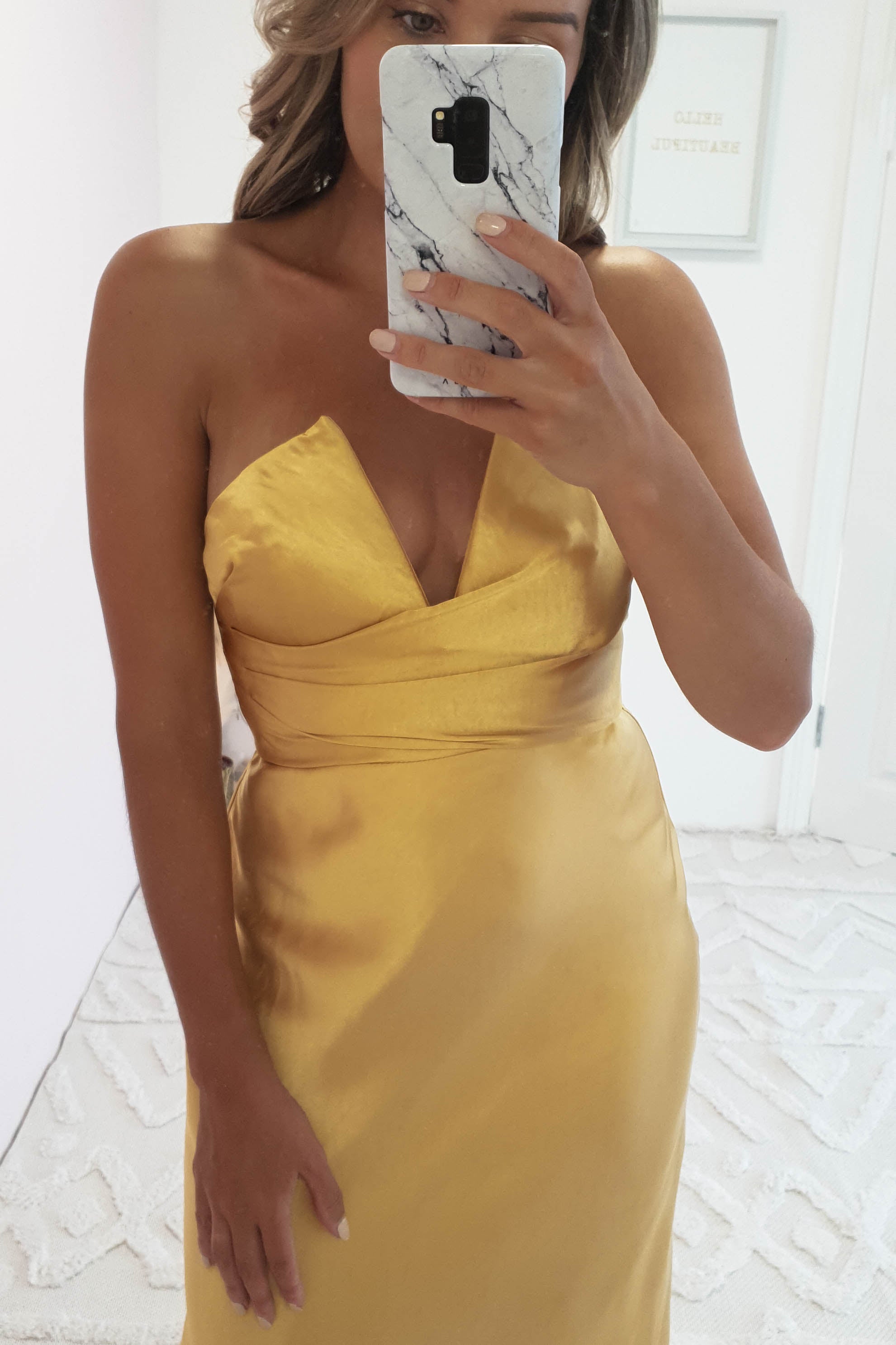 Gold silk midi clearance dress