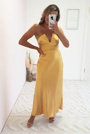 Louvre Strapless Satin Midi Dress | Yellow/Gold