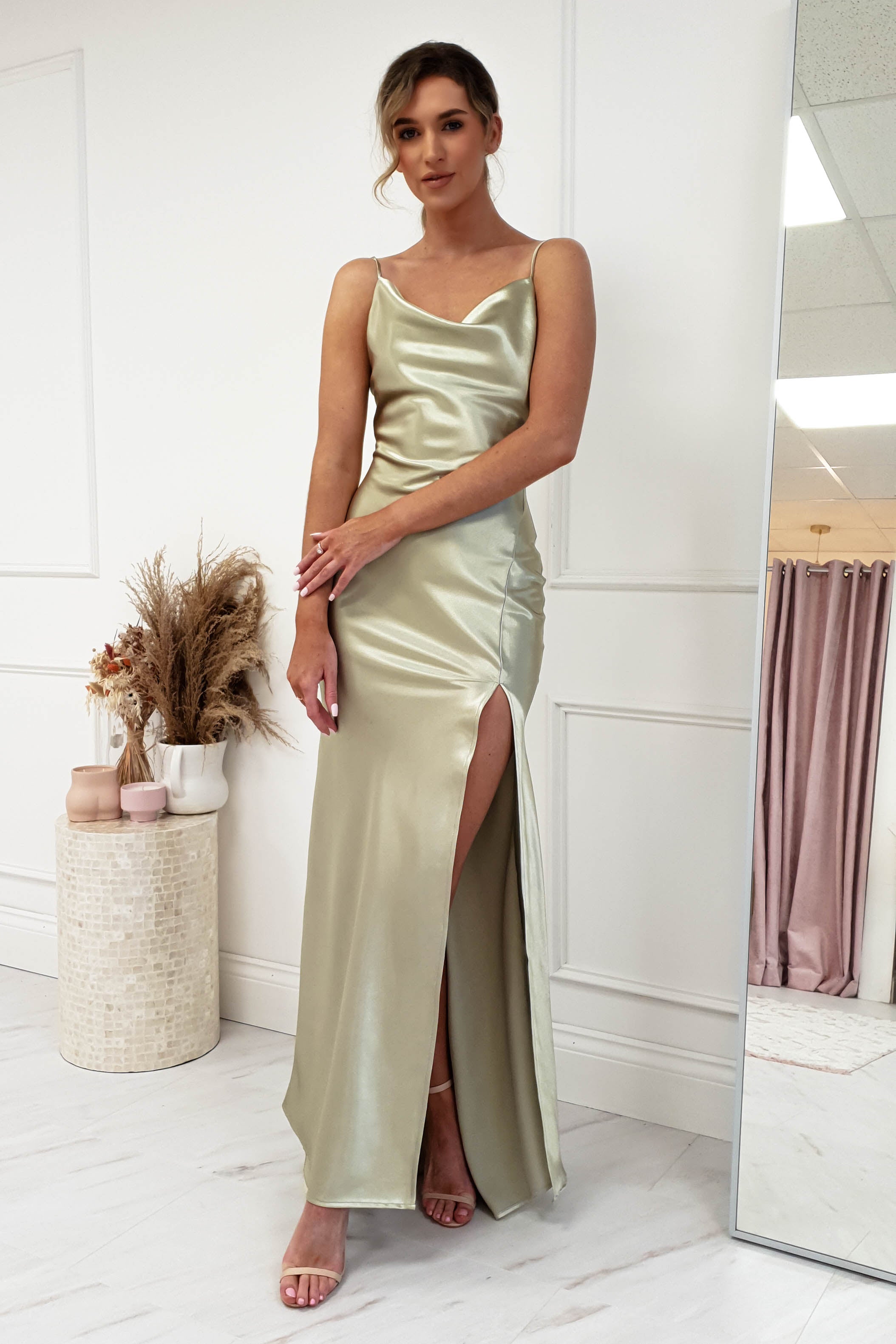 Silky Satin High Slit Ruched Strapless Party Maxi Dress - Sage