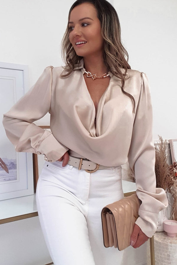 Mandi Cowl Neck Satin Top | Champagne