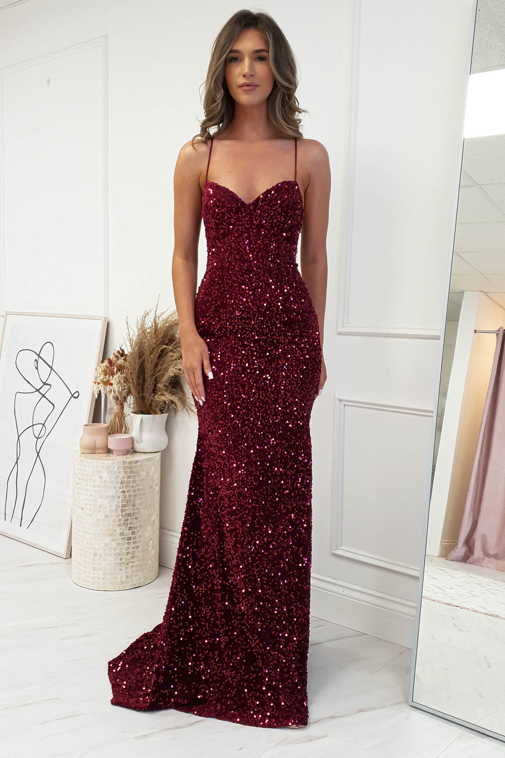 Maria Long Sequin Gown | Dark Red