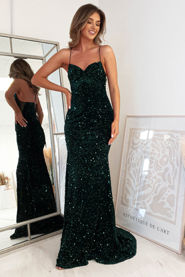 Maria Long Sequin Gown | Emerald Green