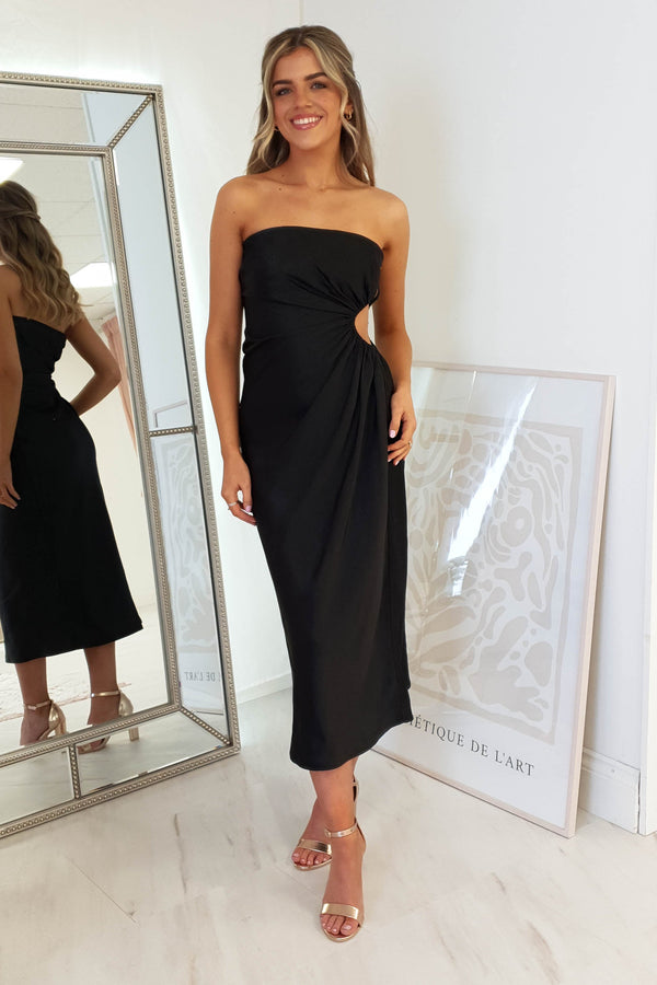 Naomi Satin Strapless Midi Dress | Black