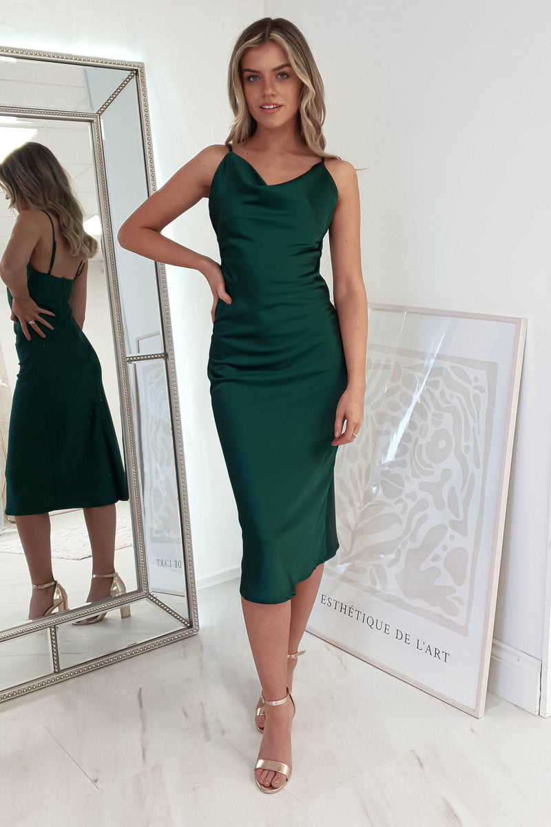 Natalie Satin Cowl Neck Midi Dress | Forest Green