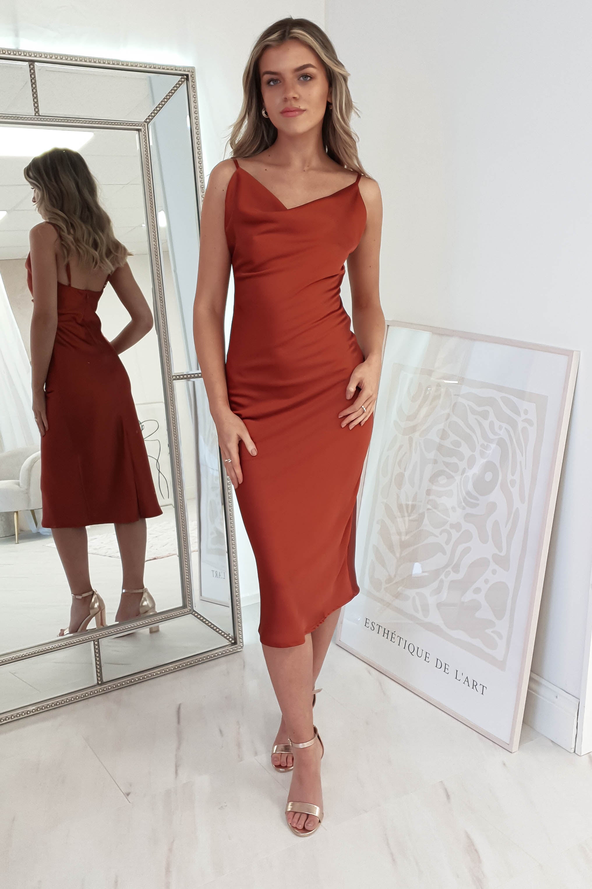 Natalie Satin Cowl Neck Midi Dress | Rust