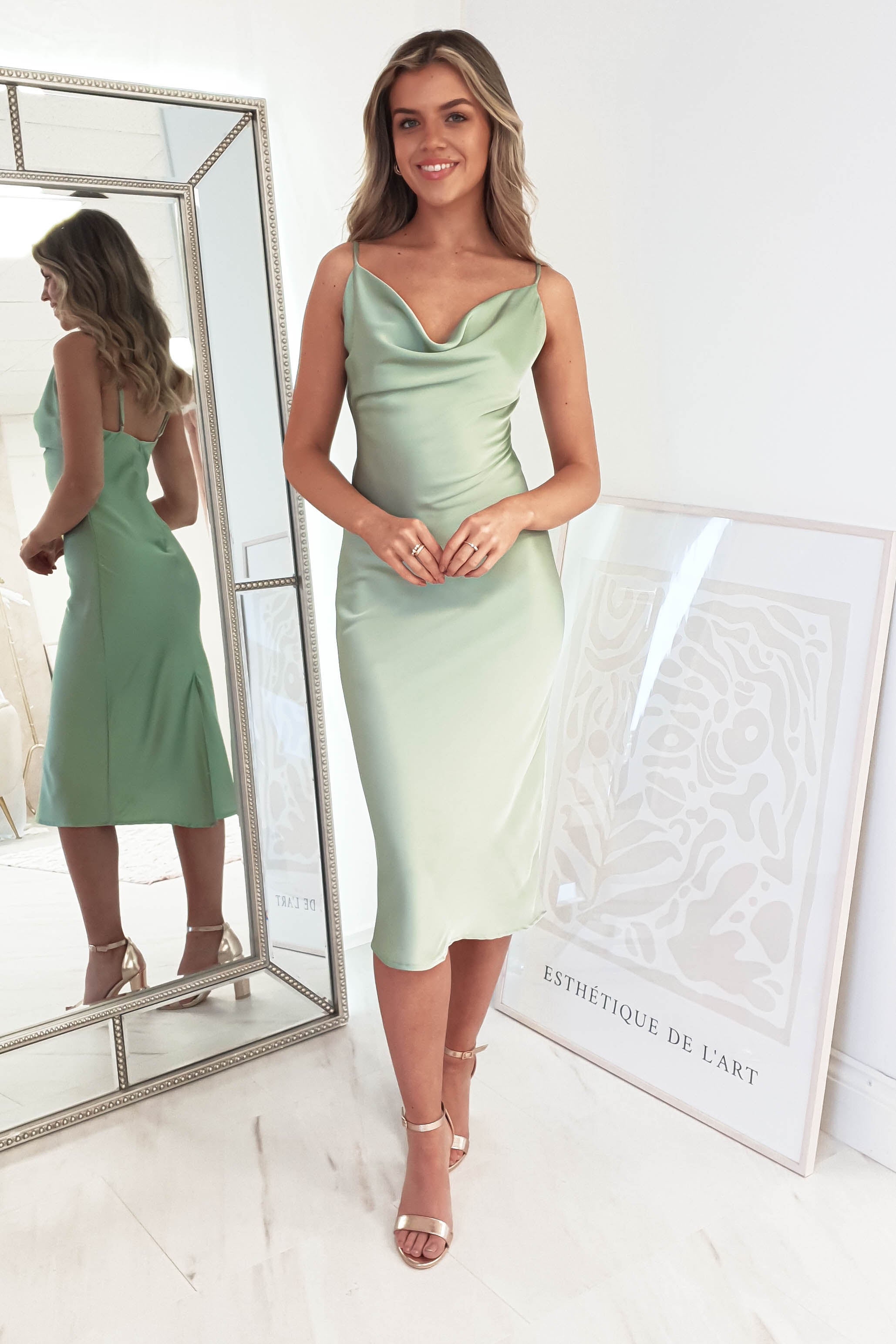 Natalie Satin Cowl Neck Midi Dress | Sage