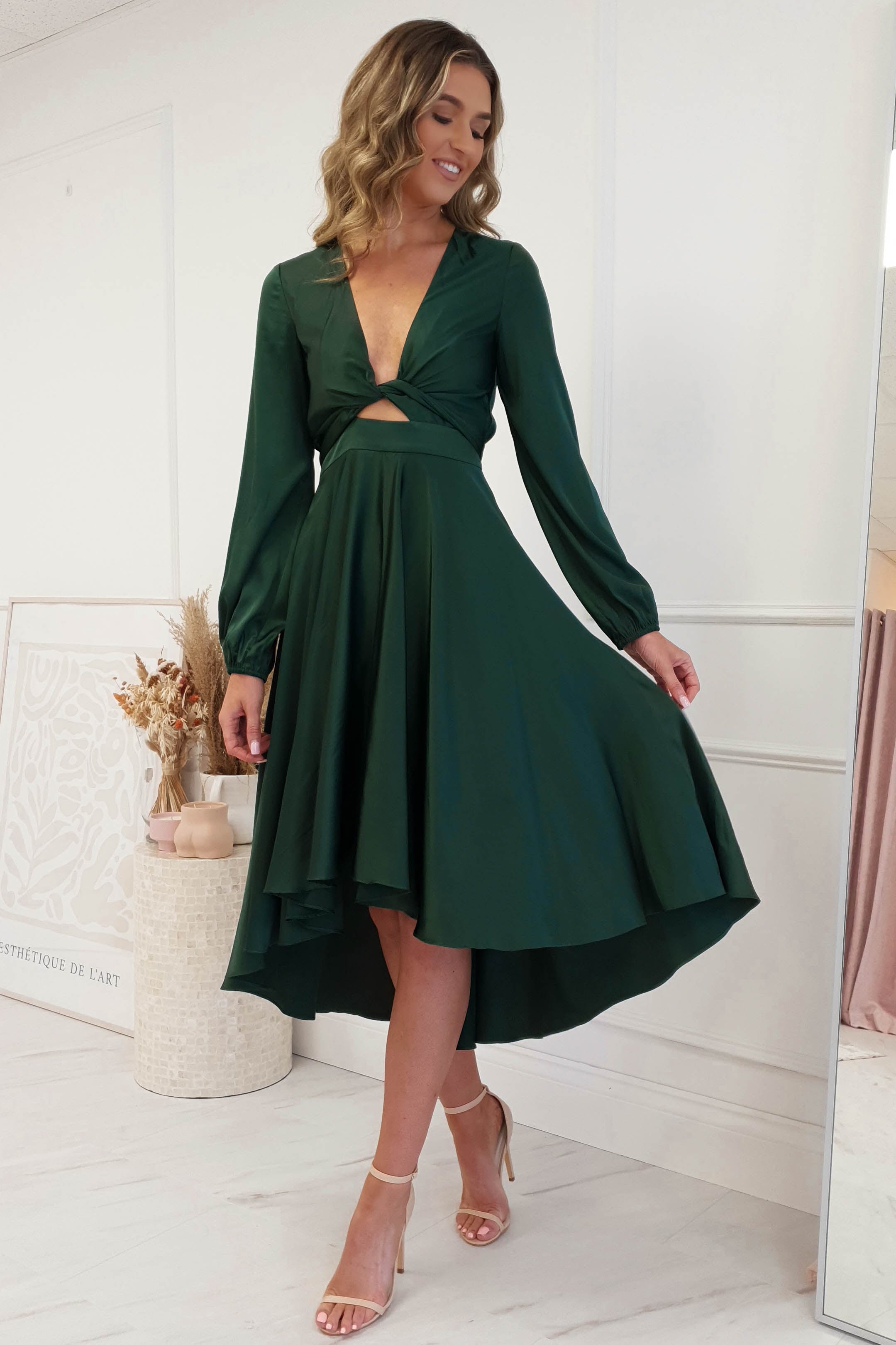 Nicola Satin Tie Front Midi Dress | Emerald Green